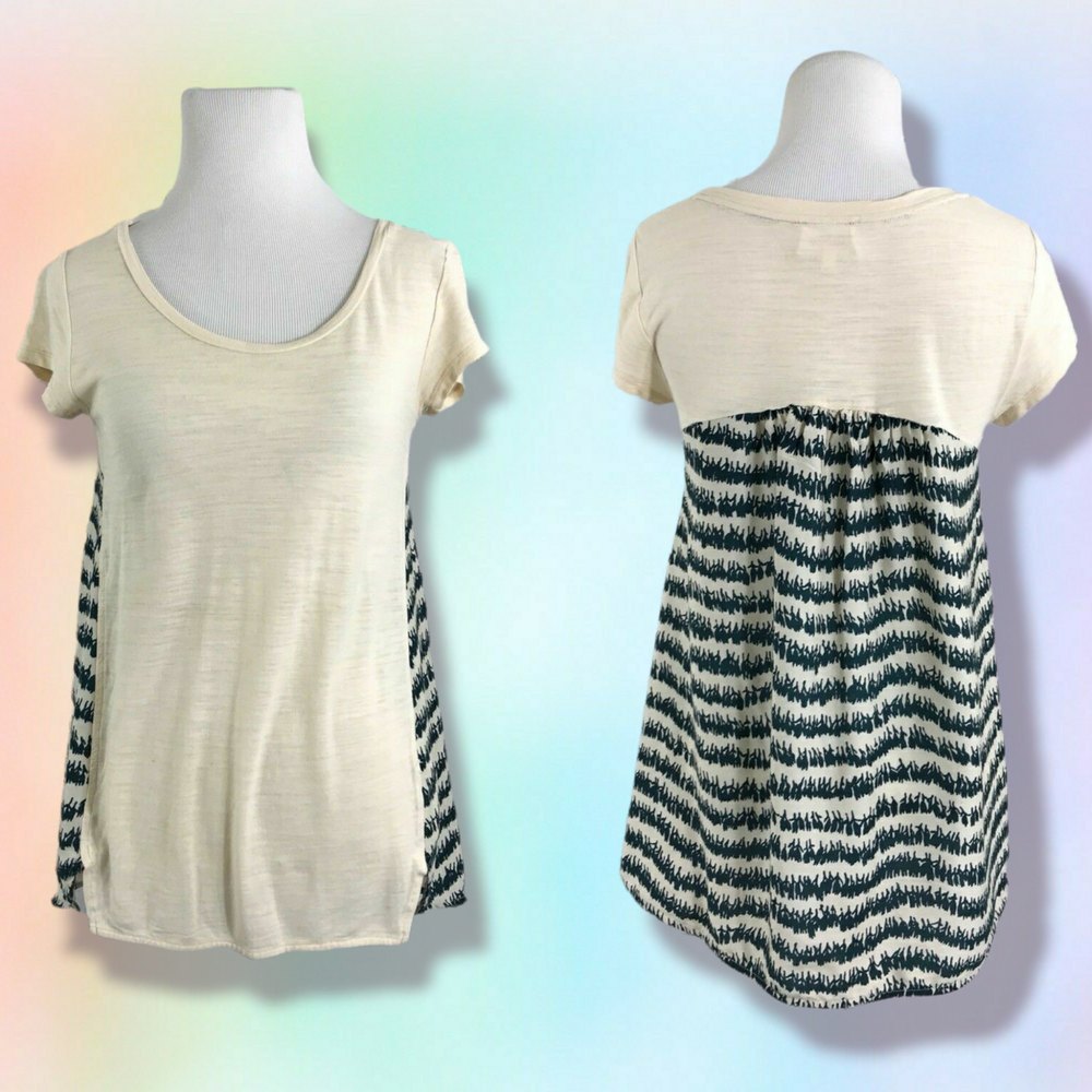 Deletta Anthropologie Cream & Blue Printed Slub‎ Knit Mixed Knit Top S